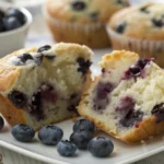 Blueberry protein muffins cut in half showing fluffy interior with whole blueberries, served on white plate with fresh blueberries scattered around