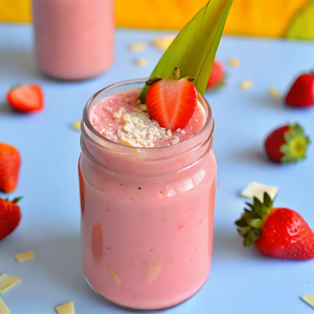 Glass jar filled with creamy pink Bahama Mama tropical smoothie, garnished with a fresh strawberry and tropical leaf.