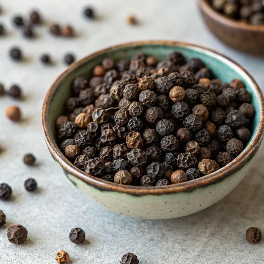 A ceramic bowl filled with whole black peppercorn on a light gray surface