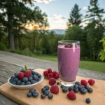 Blueberry raspberry smoothie served on a rustic wooden table with fresh berries and a forest sunset in the background.