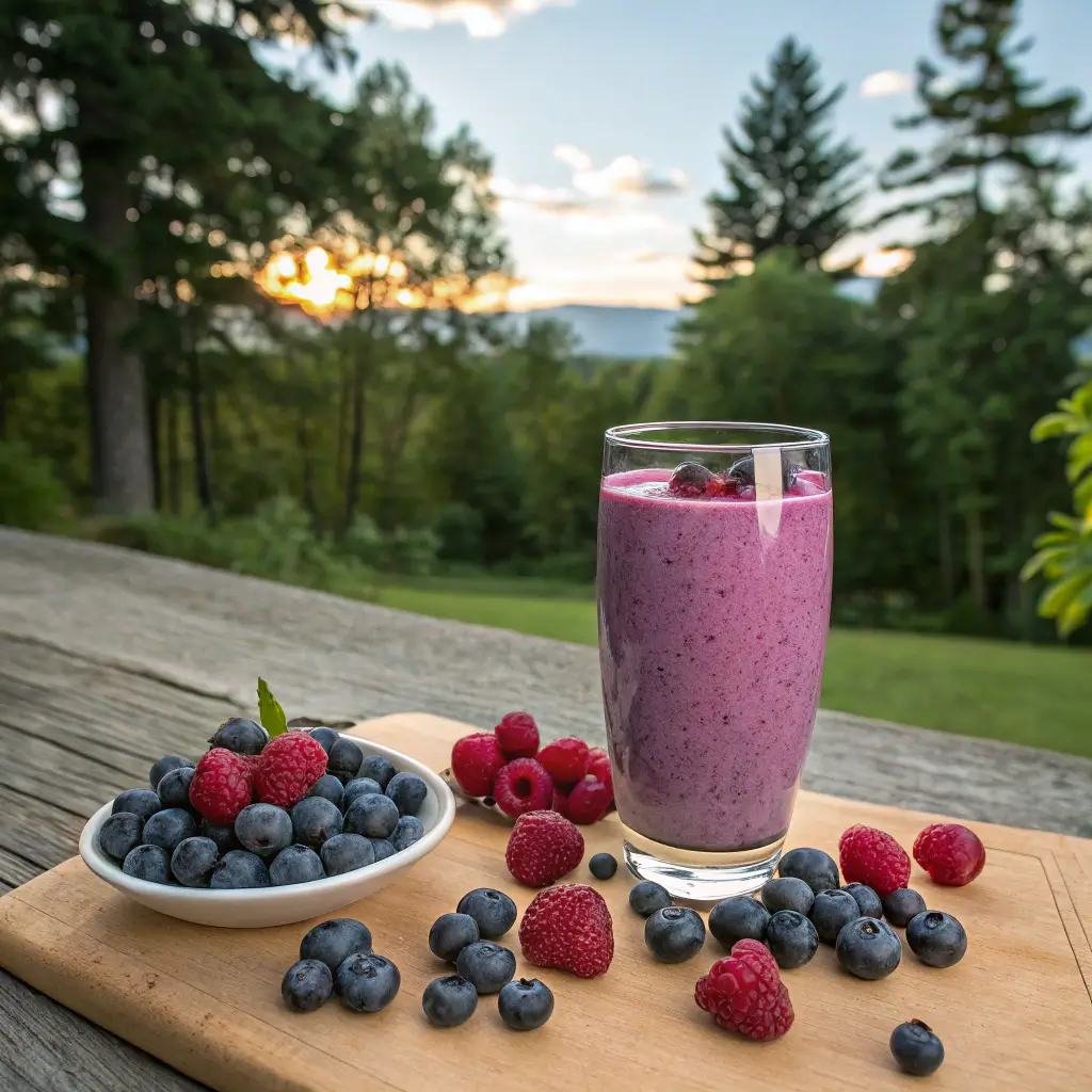 Blueberry raspberry smoothie served on a rustic wooden table with fresh berries and a forest sunset in the background.