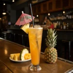 Tall glass of Caribou Lou drink with pineapple garnish and cocktail umbrella on a bar counter.