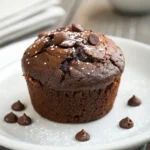 Chocolate chip protein muffin on a white plate with powdered sugar and chocolate chips