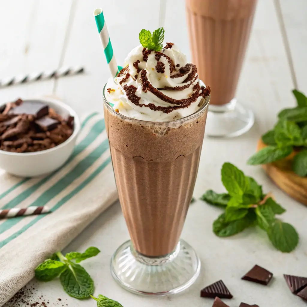 Glass of chocolate mint protein shake topped with whipped cream and chocolate drizzle, surrounded by fresh mint and chocolate pieces.