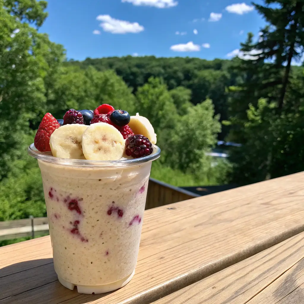 Cottage cheese smoothie topped with fresh bananas, berries, and served outdoors on a sunny day.
