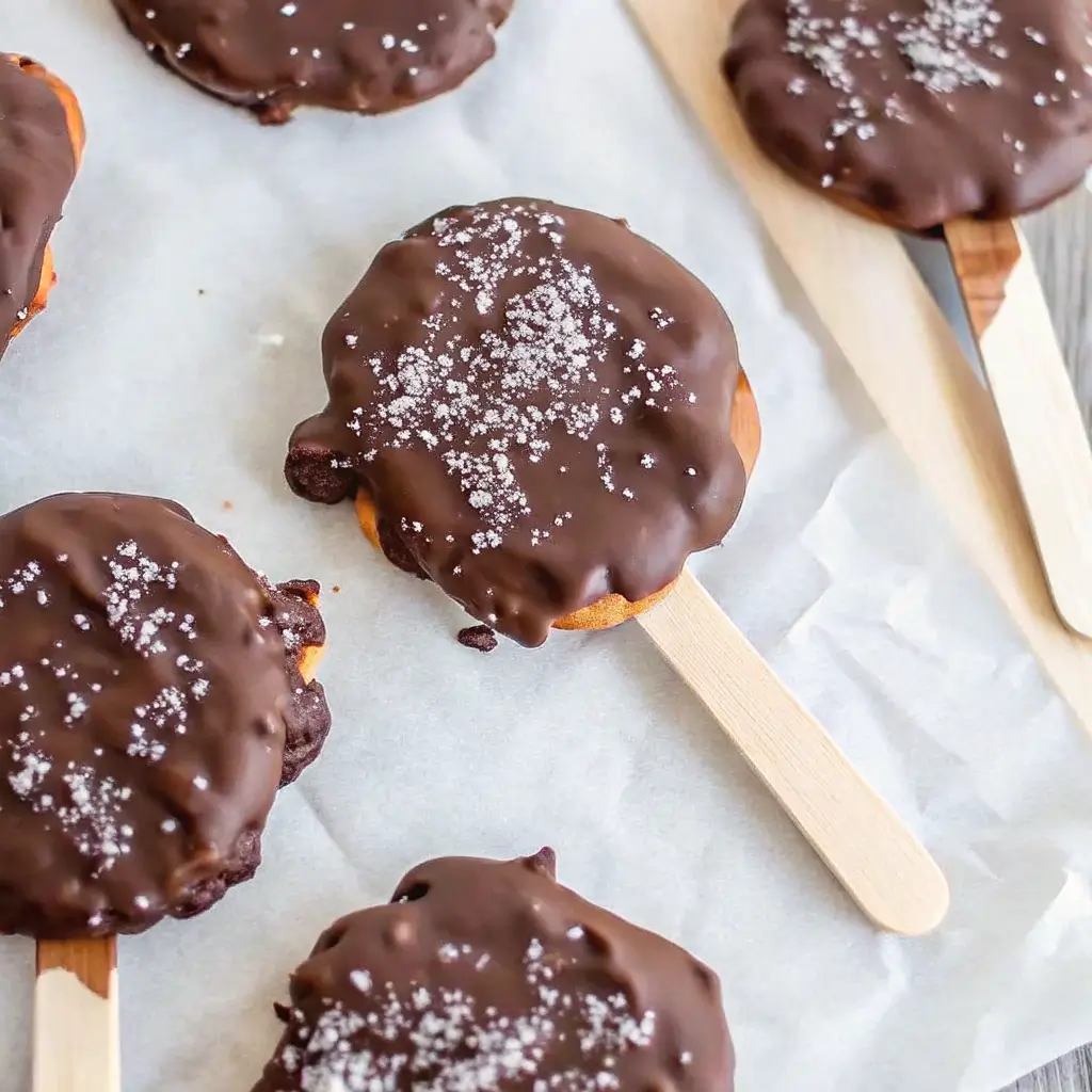 Homemade high-protein Dilly Bars coated in rich chocolate and sprinkled with sea salt on parchment paper.