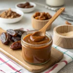 Jar of creamy Medjool date caramel sauce on a wooden board surrounded by whole dates and natural ingredients.