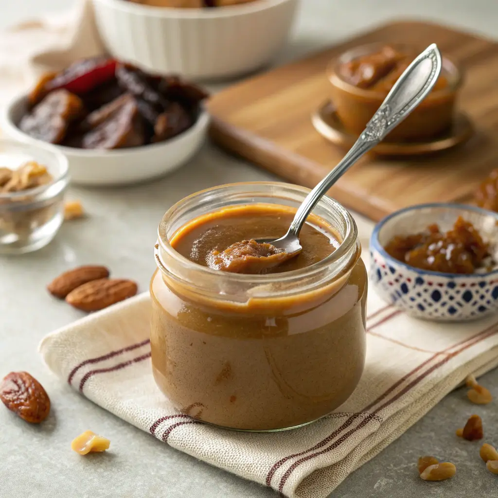 A jar of homemade Medjool date caramel sauce with a spoon inside, surrounded by dates, nuts, and small bowls on a cozy kitchen table.