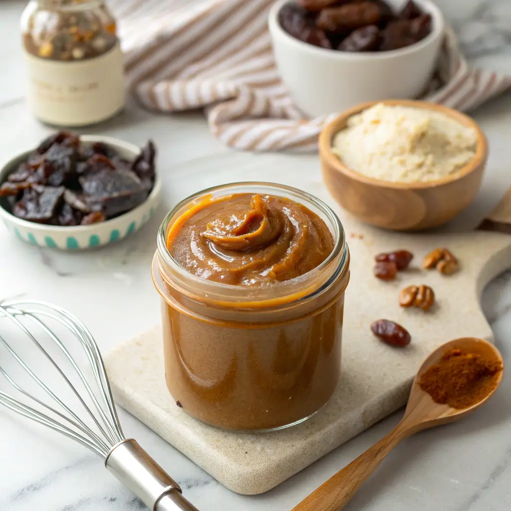 Creamy Medjool date caramel sauce in a glass jar with whisk, dates, and vanilla in the background