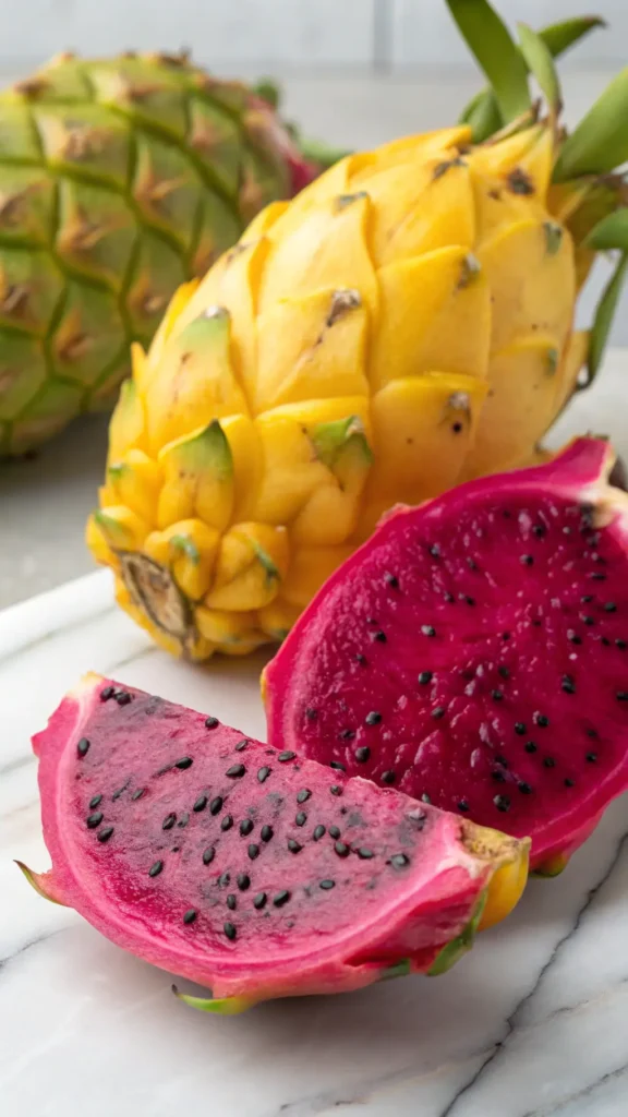 Fresh pitaya yellow dragon fruit sliced open to reveal vibrant pink flesh and edible black seeds.
