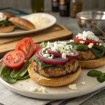 Homemade turkey burgers with feta and spinach, topped with red onion and tomato slices on a toasted bun.