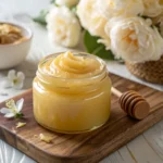 Jar of homemade whipped honey on a wooden board, surrounded by white roses and a honey dipper.