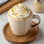 Whipped honey coffee topped with whipped cream and a drizzle of golden honey in a ceramic mug