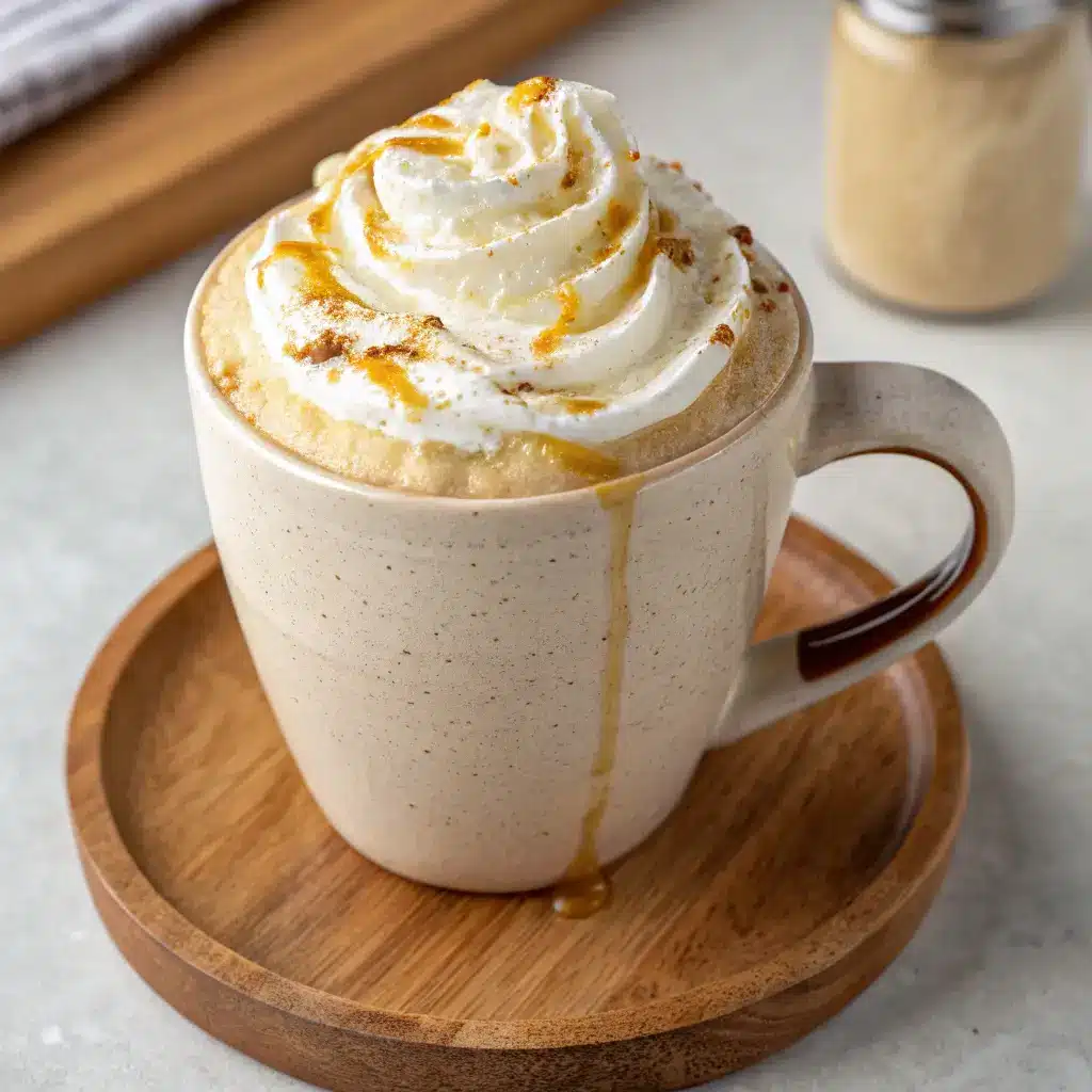 Whipped honey coffee topped with whipped cream and a drizzle of golden honey in a ceramic mug