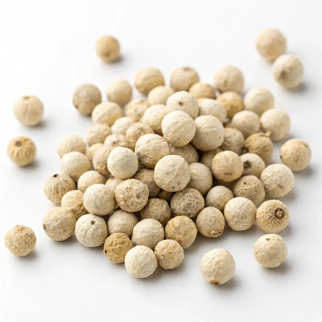 Whole dried white peppercorns on a white background