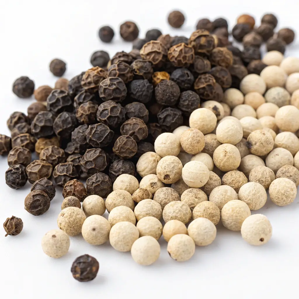 Close-up of white peppercorns vs black peppercorns side by side on a white surface
