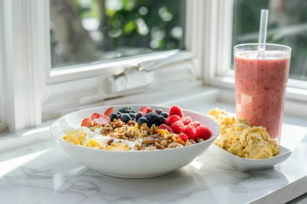 15 minute high protein breakfast spread with Greek yogurt bowl, scrambled eggs, and protein smoothie on modern kitchen counter providing 75g total protein