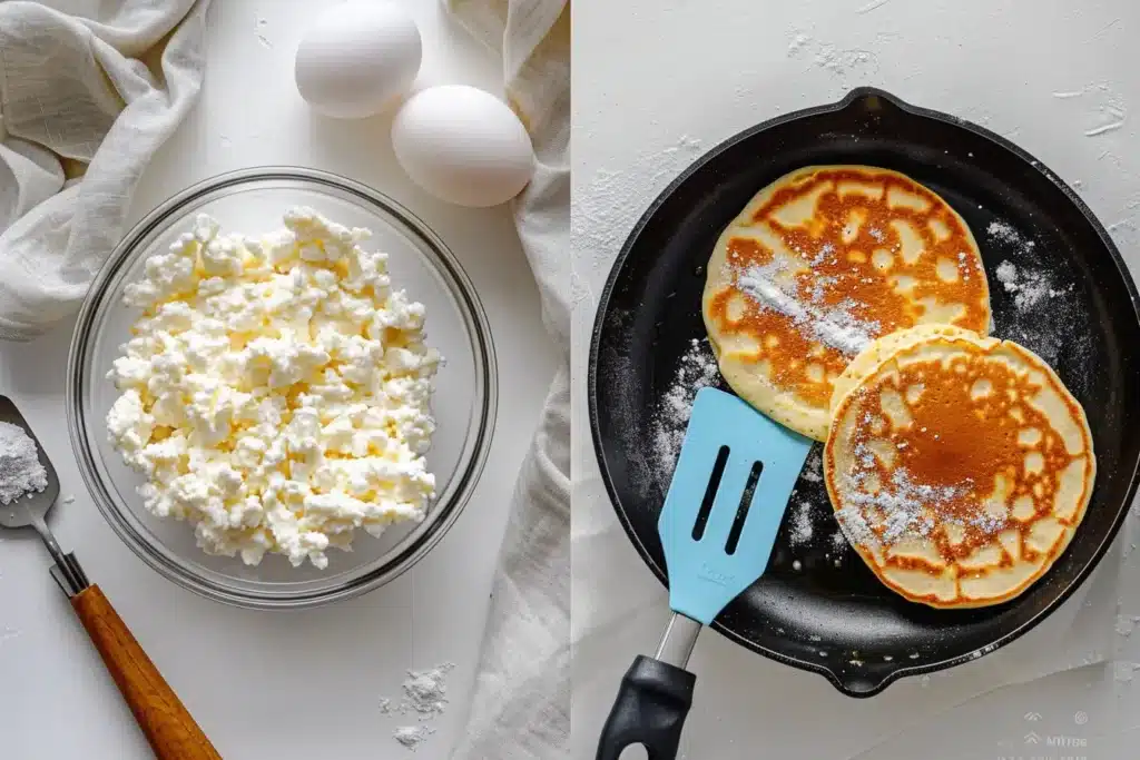 Two-ingredient cottage cheese pancakes showing simple ingredients and cooking process with 24g protein for quick breakfast