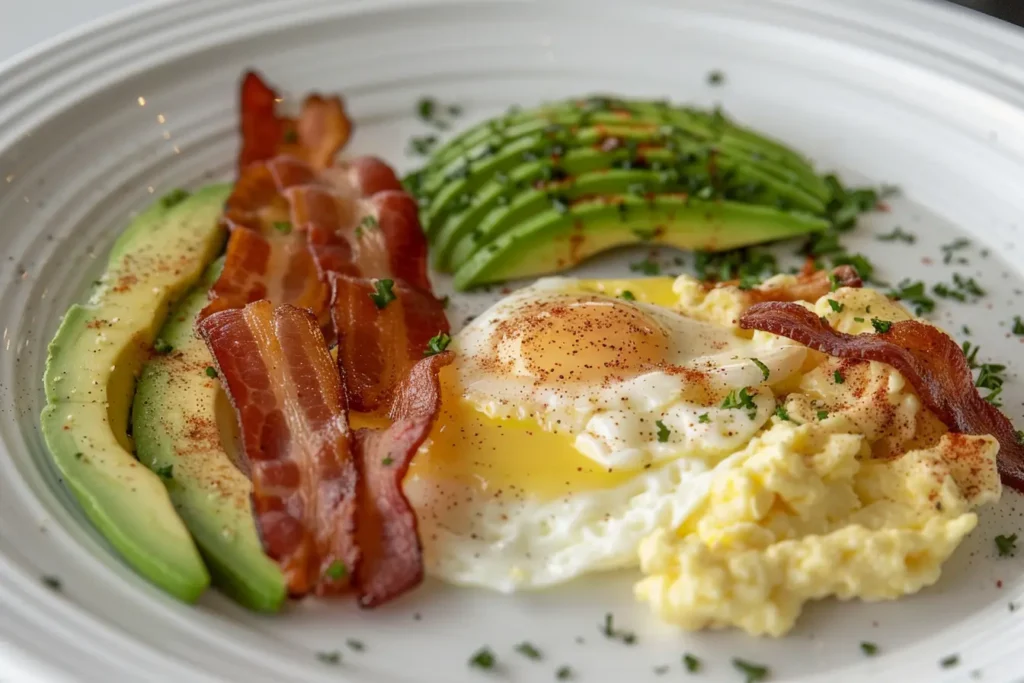 Complete keto breakfast plate with scrambled eggs, bacon, cheese, and avocado providing 32g protein and only 5g net carbs for low-carb diet