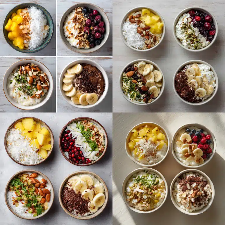 Four cottage cheese breakfast variations showing sweet and savory high-protein options under 300 calories