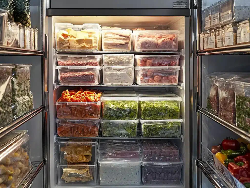 Organized freezer with labeled meal prep packages, vacuum-sealed bags, and systematic storage for breakfast items
