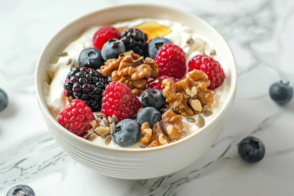 Greek yogurt power bowl with walnuts, hemp hearts, and mixed berries providing 27g protein in 3 minutes for quick breakfast