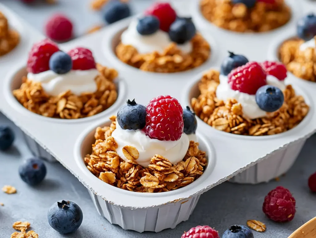 Healthy granola breakfast cups shaped in muffin tins, filled with protein-rich Greek yogurt and fresh berries for meal prep