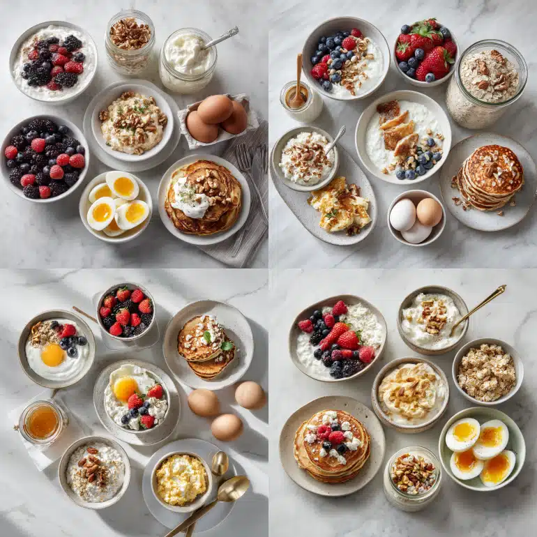 High-protein breakfast spread featuring Greek yogurt bowls, cottage cheese parfaits, and protein pancakes under 300 calories