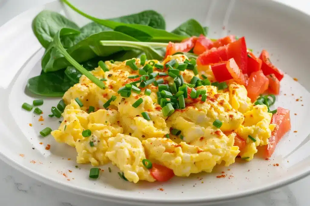 Perfect power scramble with cottage cheese showing ultra-creamy texture and 25g protein for busy morning breakfast