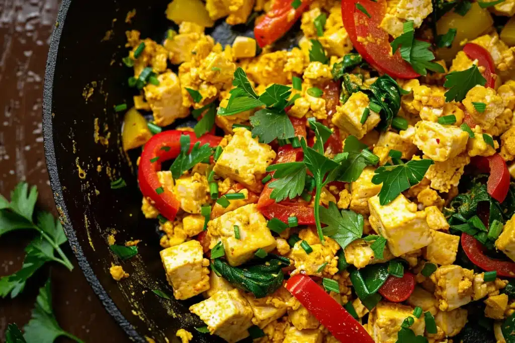Plant-based tofu scramble with nutritional yeast and vegetables providing 22g protein for vegan high-protein breakfast in 12 minutes