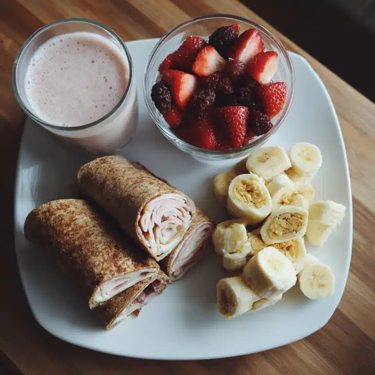 Chocolate milk (optimal carb-to-protein ratio) Greek yogurt with fruit Protein smoothie with banana Turkey and cheese roll-ups