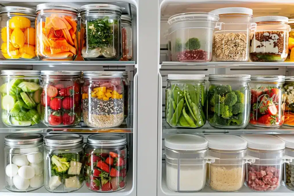 Breakfast meal prep containers organized in refrigerator with hard boiled eggs, cooked proteins, and overnight oats for efficient weekly breakfast planning