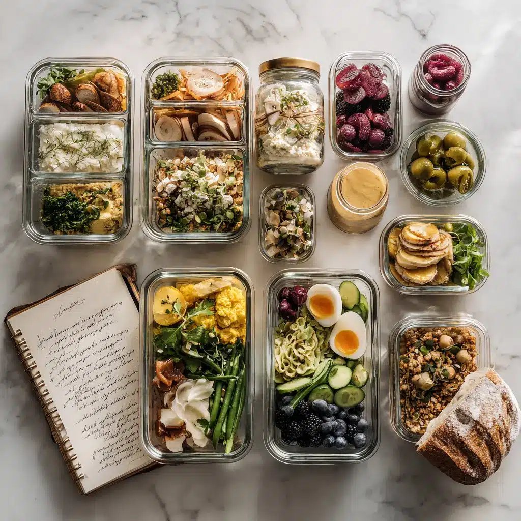 Meal prep Sunday breakfast containers organized on marble counter with planning journal and fresh ingredients