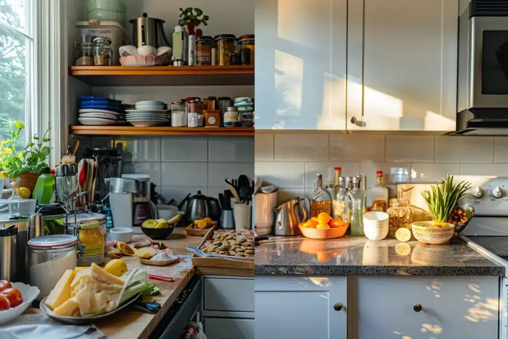 Before and after comparison showing chaotic kitchen versus organized breakfast station for efficient 15-minute morning routine