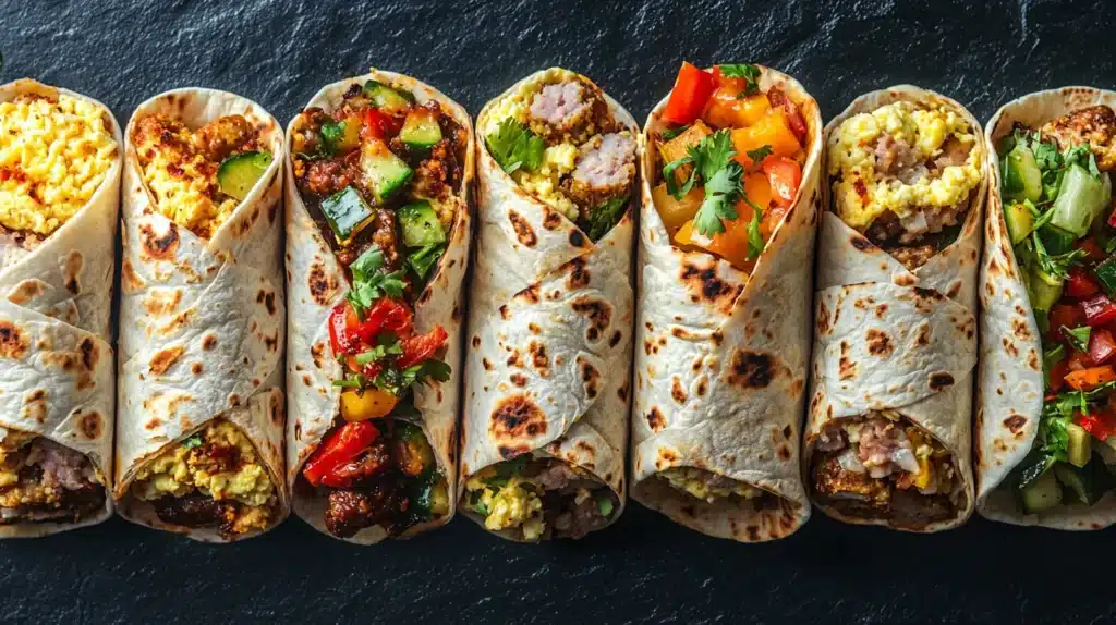 Twelve meal prep breakfast burritos showing cross-sections with eggs, sausage, and vegetables