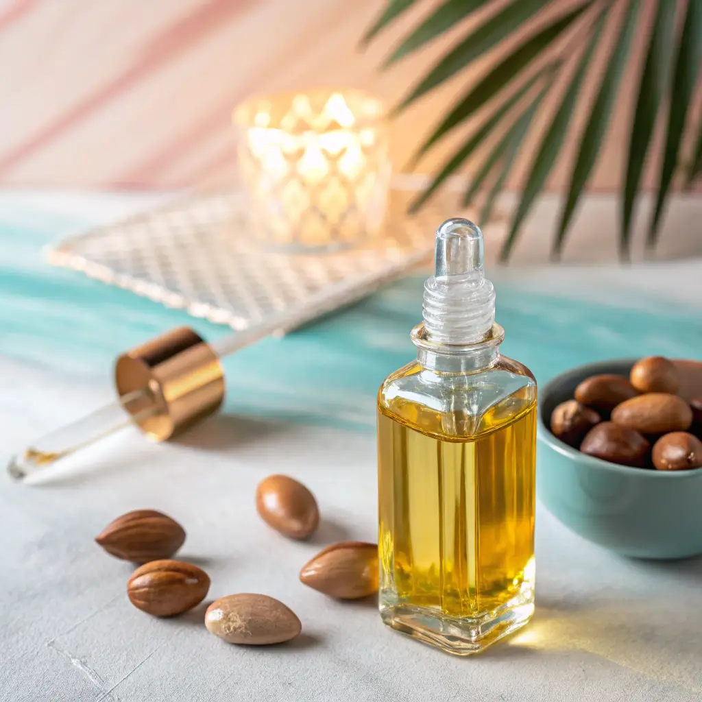 Glass dropper bottle filled with golden argan oil surrounded by argan nuts, highlighting argan oil benefits for skin and hair.