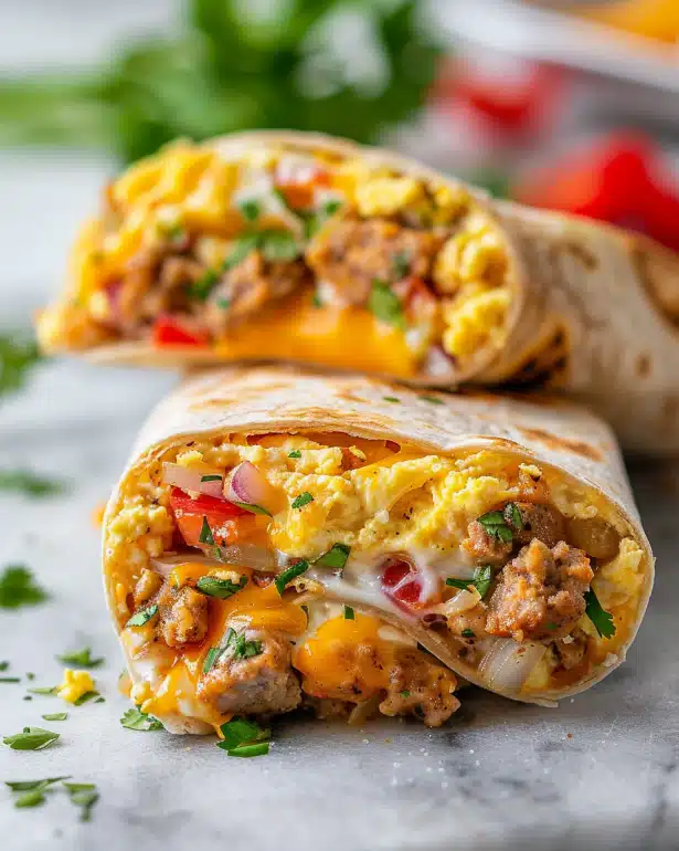 High-protein breakfast kids burrito cross-section showing eggs, cheese, and turkey sausage with 18g protein