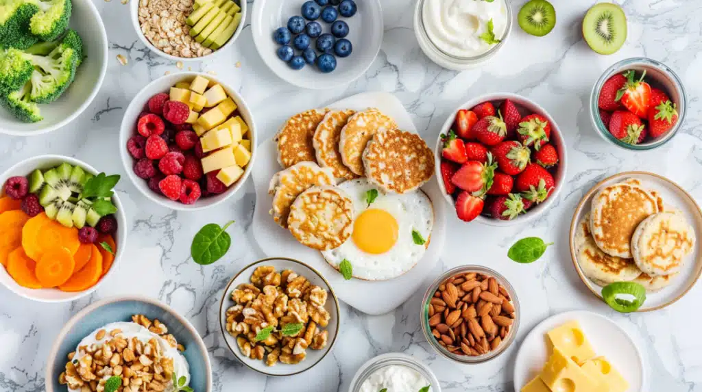 Collection of high-protein breakfast kids recipes including yogurt bowls, protein pancakes, and scrambled eggs