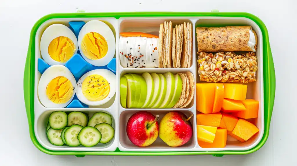 High-protein school lunch box for kids extending breakfast nutrition with protein-packed options