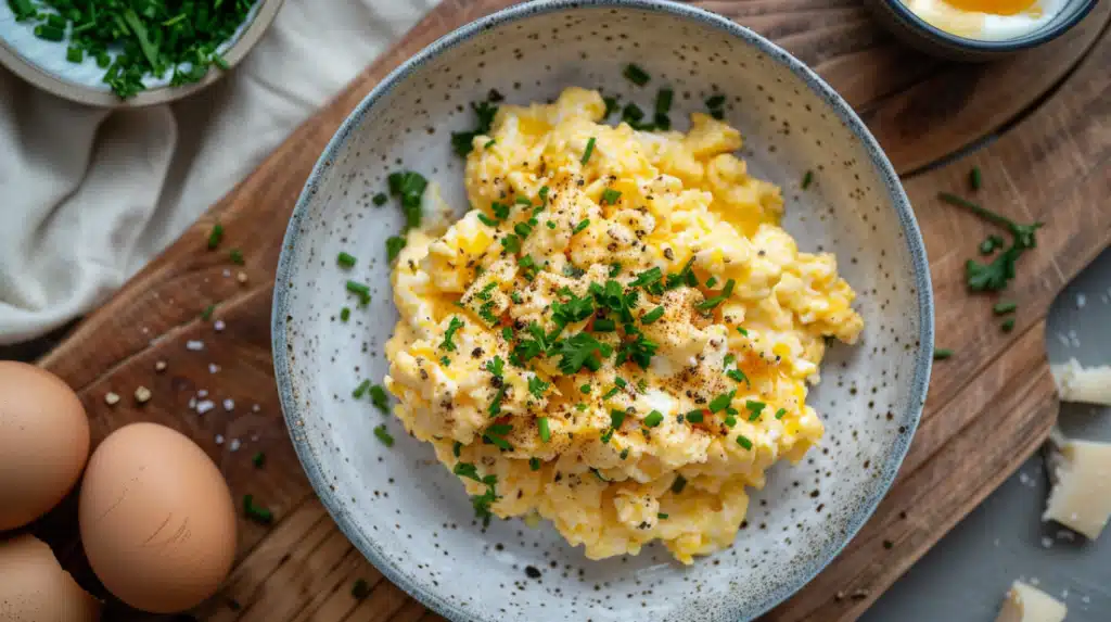 Super scrambled eggs recipe showing high-protein breakfast kids love with cream cheese enhancement