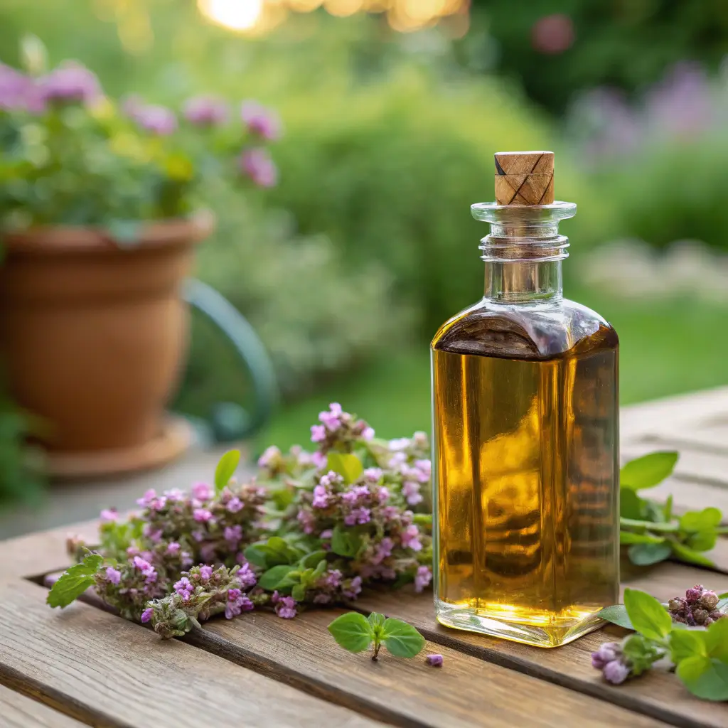 Glass bottle of oregano oil on a wooden table, surrounded by fresh oregano flowers in a garden setting.