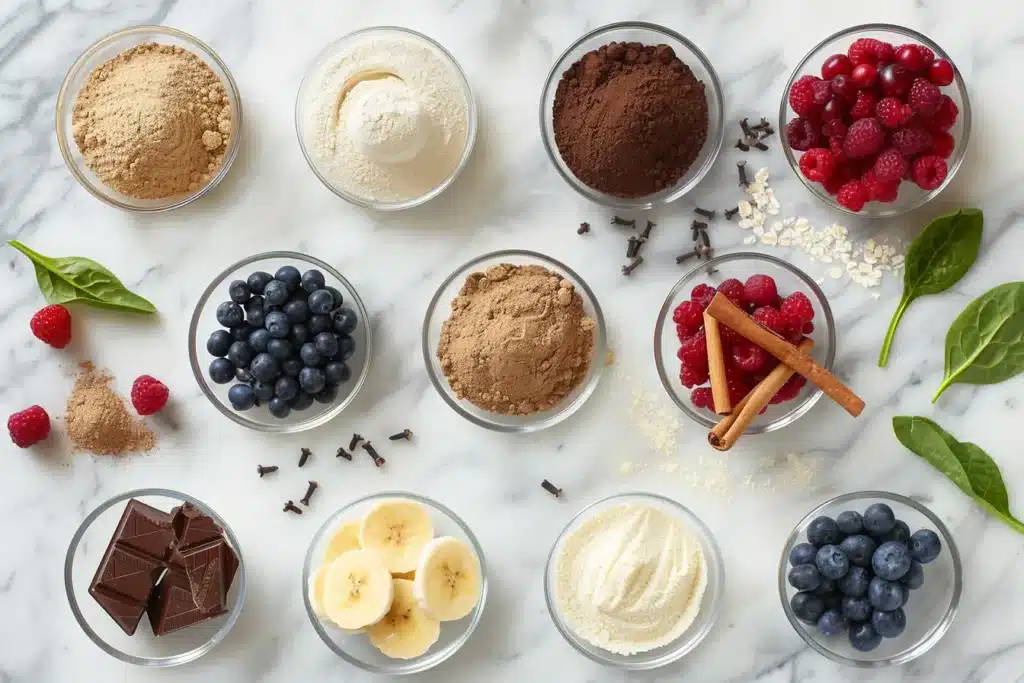 Creative protein powder flavor combinations showing vanilla and chocolate bases with fruits, nuts, and spices for delicious morning shakes
