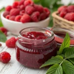 Homemade raspberry jam in a glass jar with fresh raspberries and green leaves on a rustic wooden table.