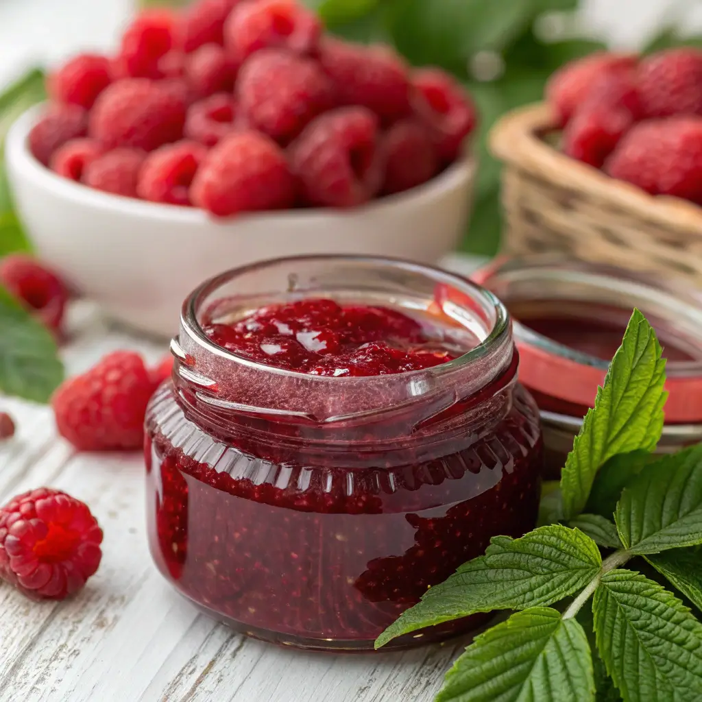 Homemade raspberry jam in a glass jar with fresh raspberries and green leaves on a rustic wooden table.
