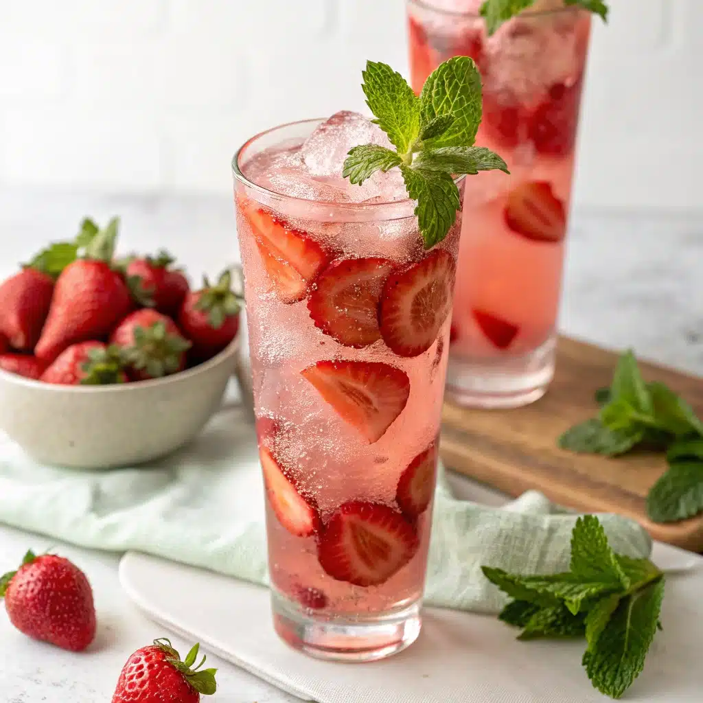 Homemade strawberry mocktail with fresh mint and sliced berries in a tall glass