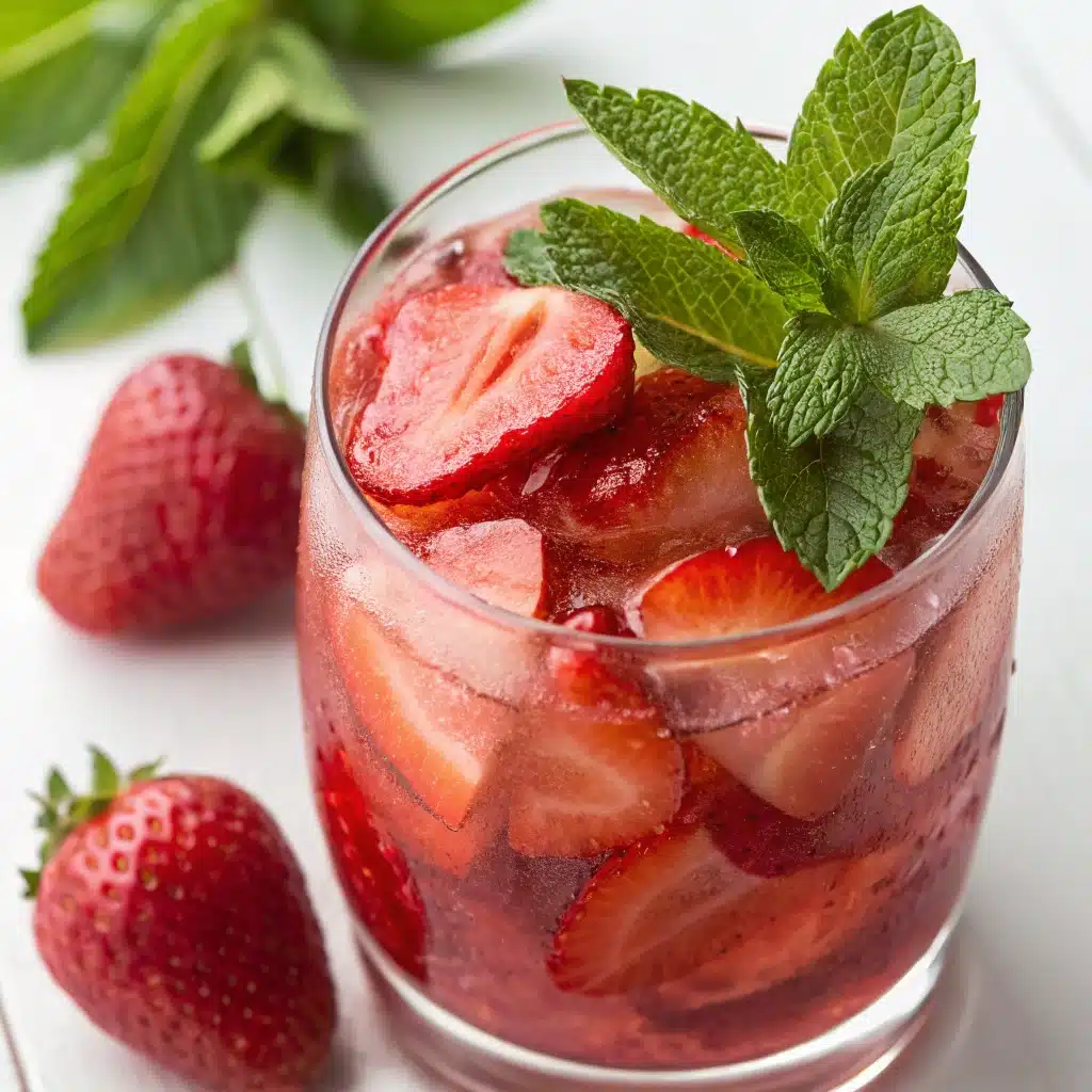 This vibrant strawberry mocktail features fresh sliced strawberries, sparkling water, and a sprig of mint served in a tall glass.
