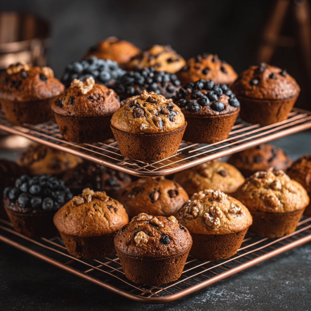 24 high-protein breakfast muffins cooling on racks showing blueberry, chocolate chip, and banana walnut varieties