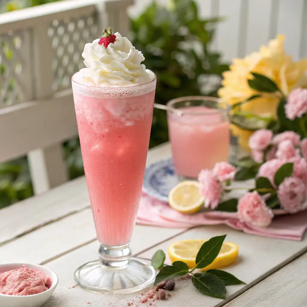 Refreshing glass of whipped pink lemonade topped with whipped cream and a cherry, surrounded by fresh lemons and flowers on a sunny outdoor table.