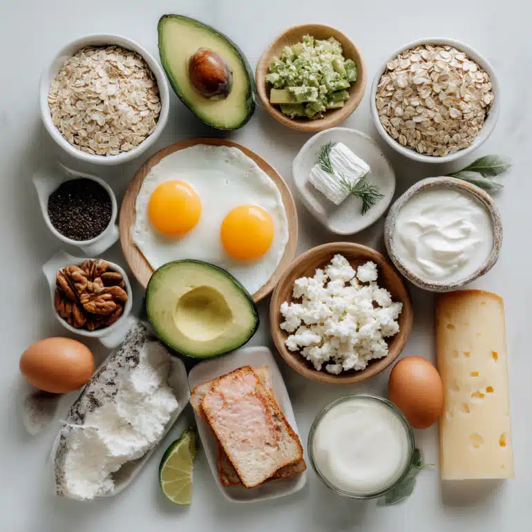 Flat lay of assorted 3 ingredient high-protein breakfast dishes including eggs, yogurt, oats, avocado, and cottage cheese, styled on a white background
