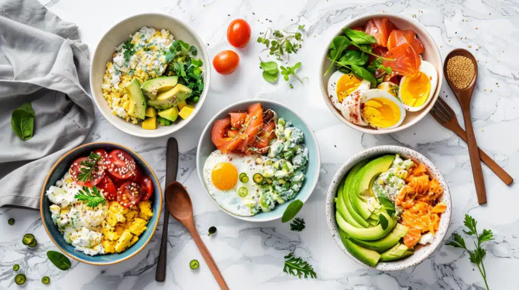 Five colorful keto high-protein breakfast bowls under 250 calories arranged on marble countertop